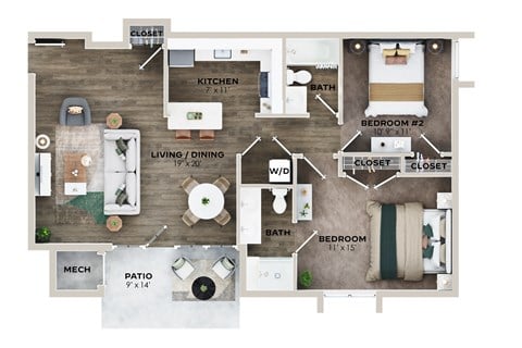 Floor plan for 2 beds, 2 baths, 964 sqft
